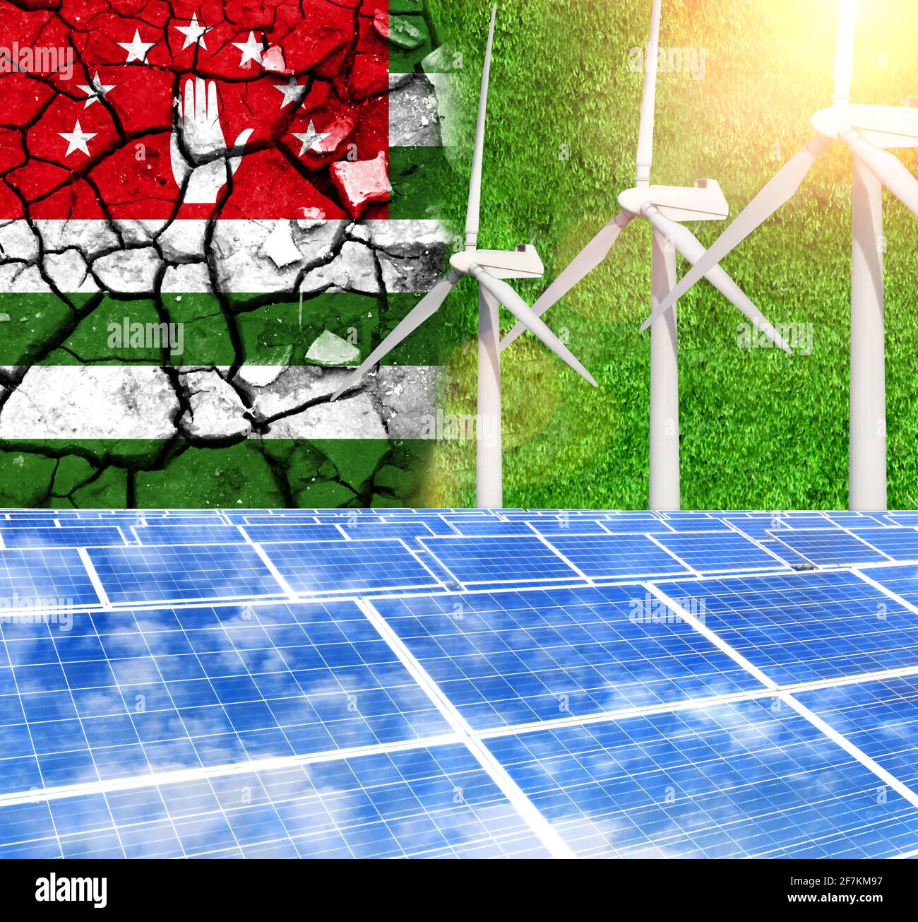 Solar panels on the background with the flag of Abkhazia and Wind ...