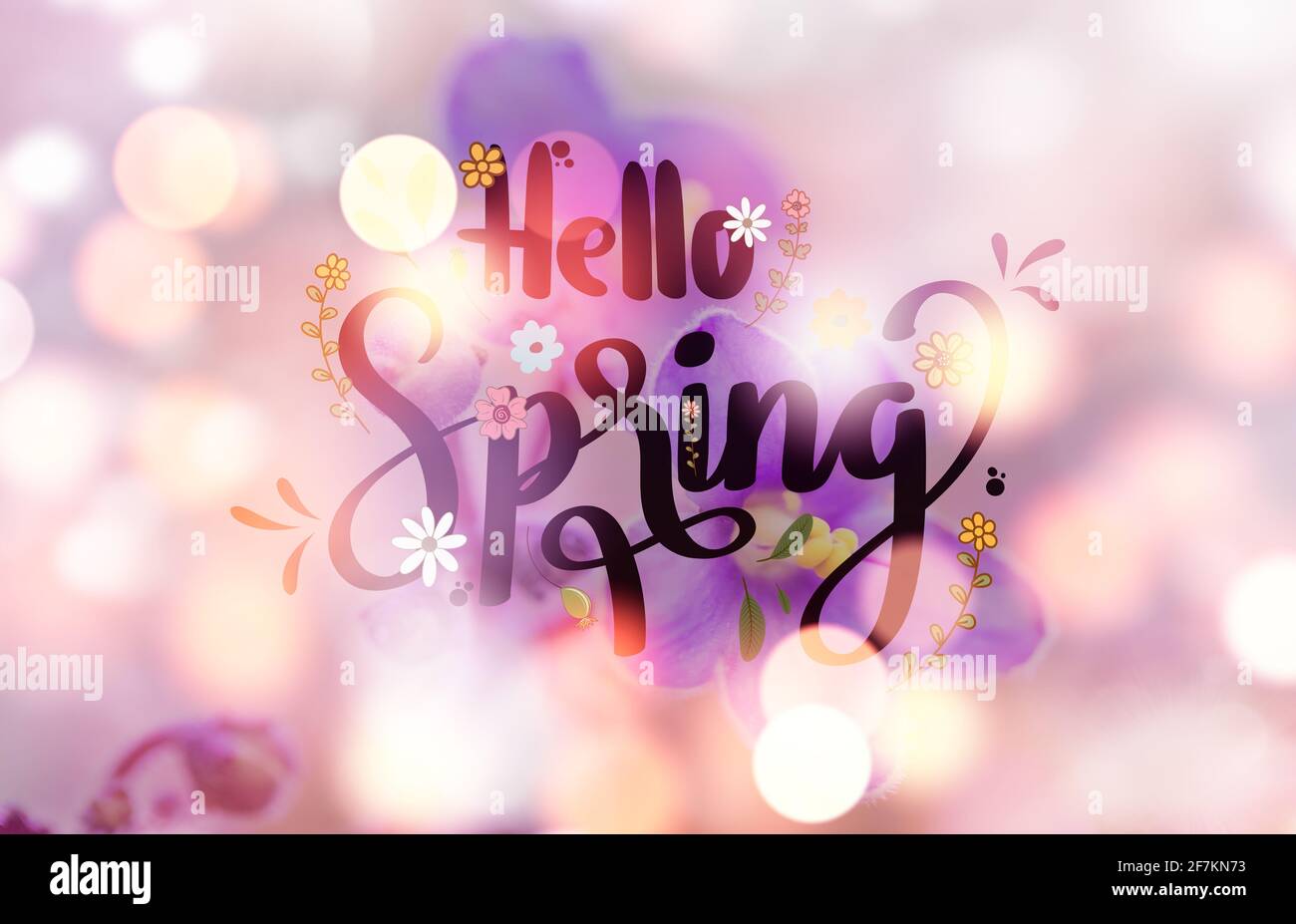 Hello Spring pink floral blossom background with bokeh lights, spring ...
