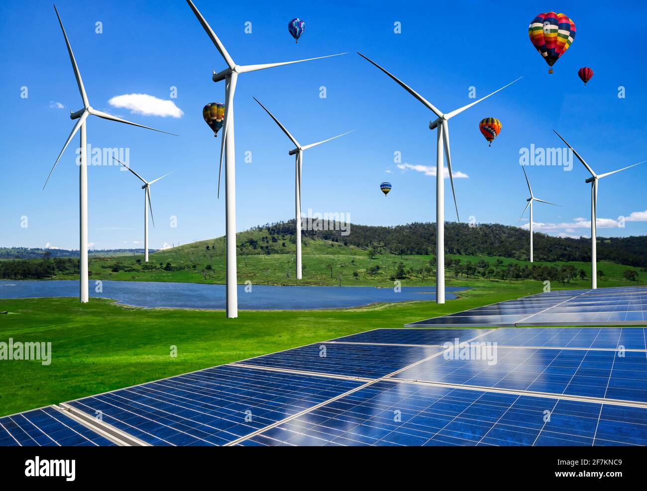 Solar energy panel photovoltaic cell and wind turbine farm power generator in nature landscape for production of renewable green energy is friendly Stock Photo