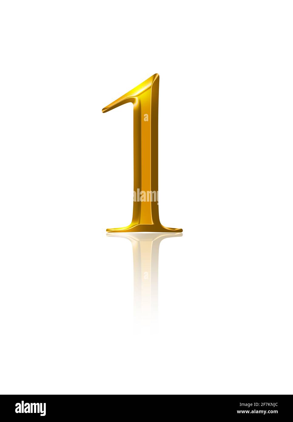 One, gold number, over white. Symbol of the number one, representing a single entity, first place or winner, the best, richest, greatest or other aims. Stock Photo
