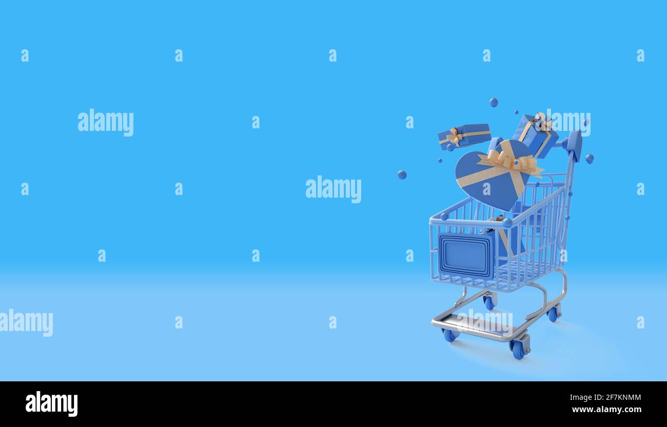 Online shopping concept - trolley cart full of presents over blue background. Black Friday and Ciber Monday sale, 3d rendering Stock Photo