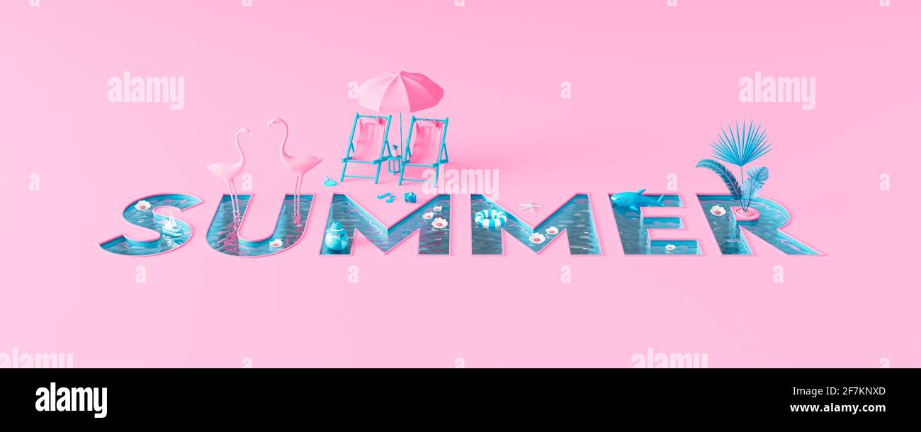 Summer text made from a swimming pool on pastel pink background