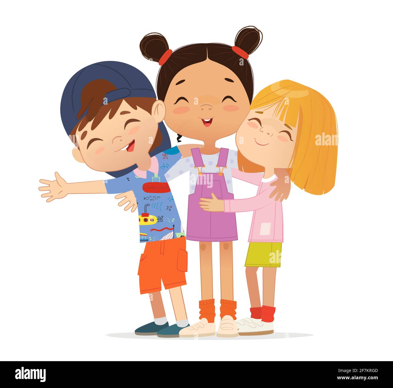 Happy multi aged friends hug each other. School boys and girls kids hugging. Stock Vector