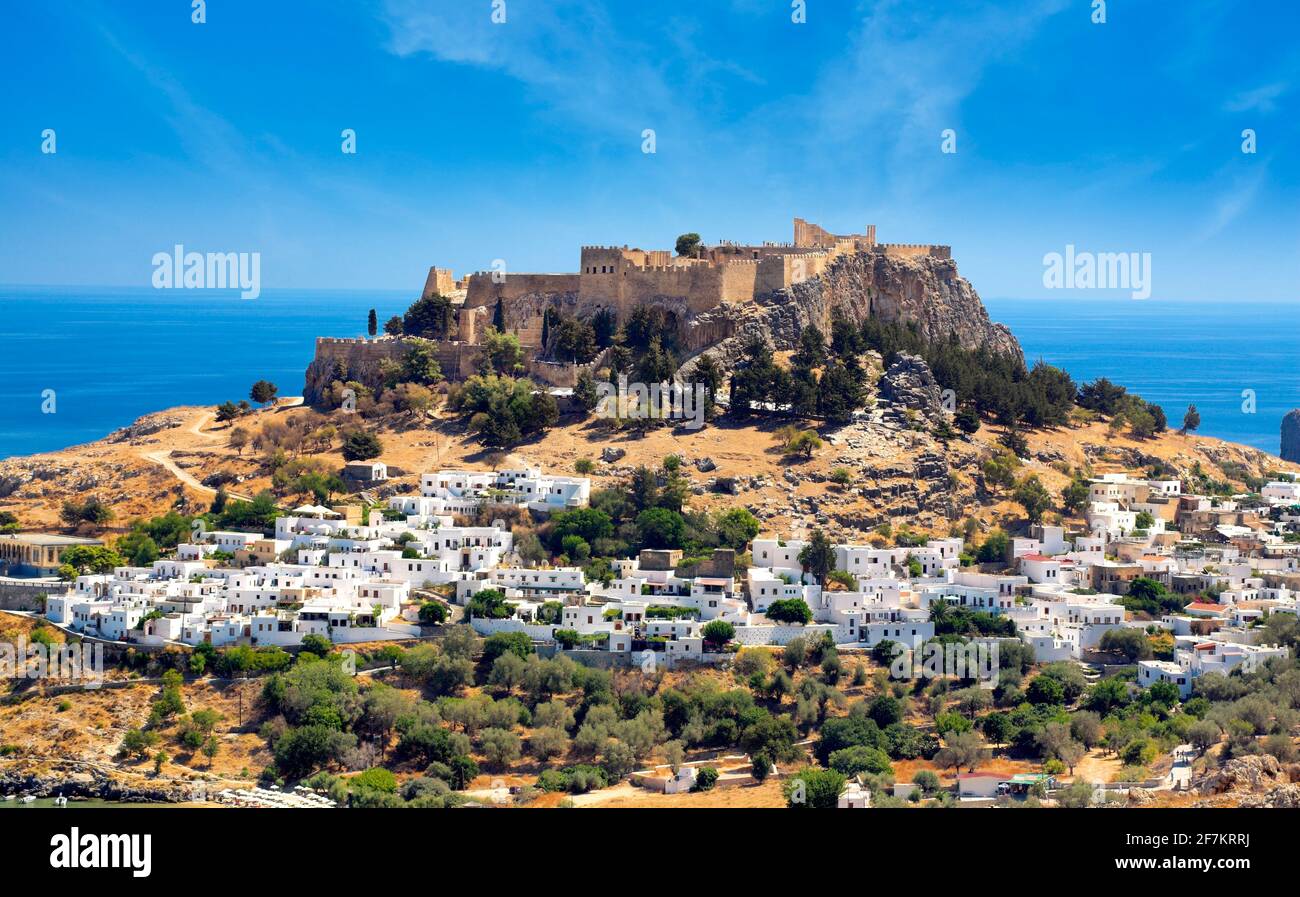 Lindos and the Acropolis, Rhodes, Greek Dodecanese Island Stock Photo