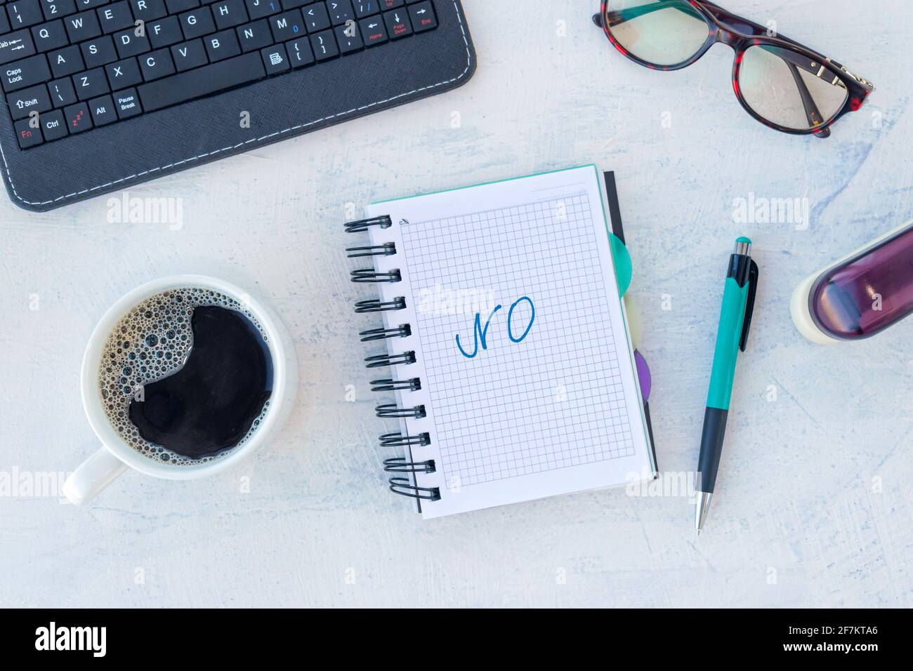 Word NO in notebook on the working table with cup of coffee on work table. Job recruiting concept. Flat lay Stock Photo