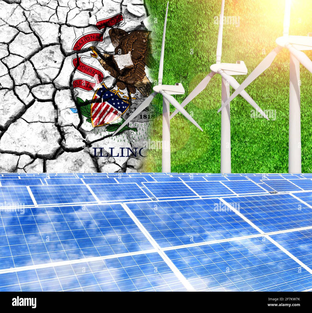 Solar panels on the background with the flag State of Illinois and Wind ...