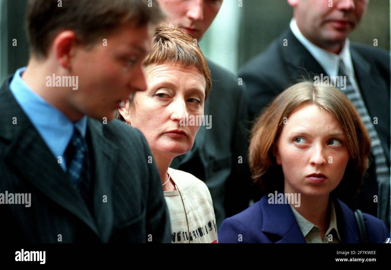 Sept 2000: The family of Belfast solicitor Patrick Finucane, who was killed in 1989, met Tony Blair today to present him with the full facts, in the hope of getting an independent judicial inquiry.Pic shows his wife Geraldine, with (left) one of his sons, Michael, and daughter Katherine, talking to the media after the meeting.. 4.9.00   Pic:JOHN VOOS Stock Photo