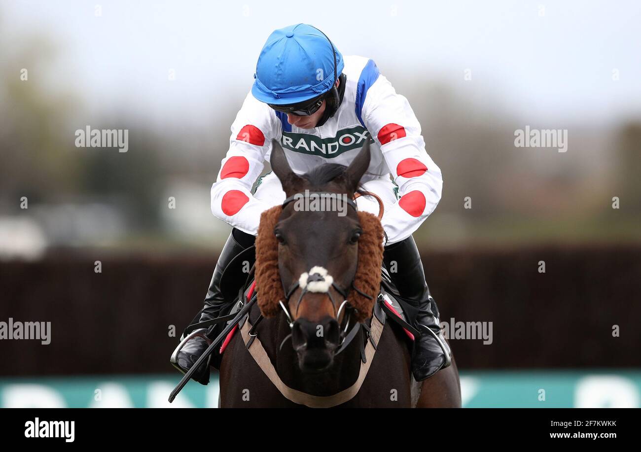 Clan Des Obeaux ridden by Harry Cobden coming home to win the Betway Bowl Chase during the Liverpool NHS Day of the 2021 Randox Health Grand National Festival at Aintree Racecourse, Liverpool. Picture date: Thursday April 8, 2021. Stock Photo