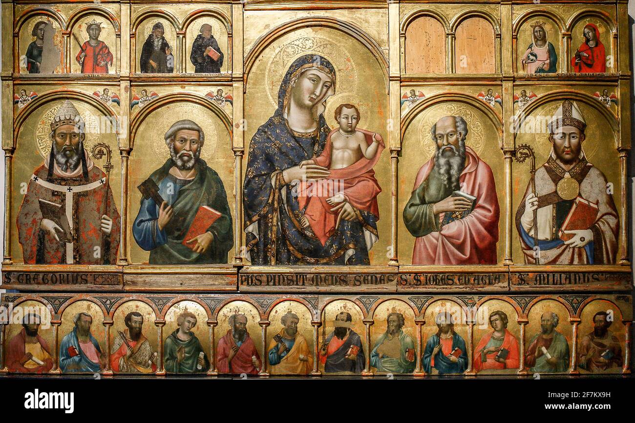 Italy Umbria Perugia: National gallery of Umbria  - Meo di Guido da Siena -  Polyptych of Montelabate: Gregory the Great, Peter, Madonna and Child, John the Evangelist and Emilian bishop Stock Photo