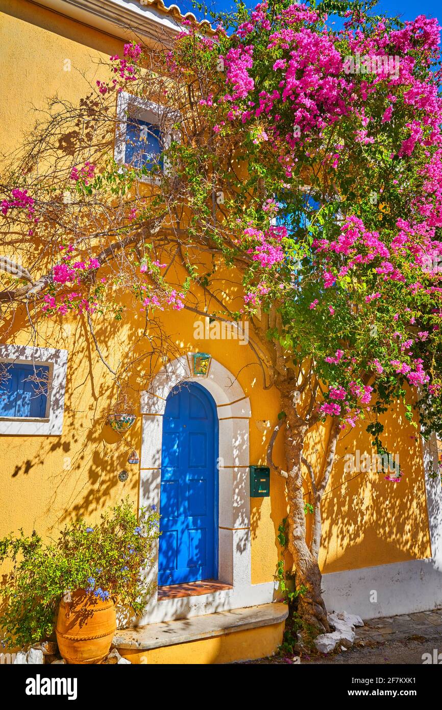 Traditional greek house with flowers , Assos village, Kefalonia Island, Greece Stock Photo