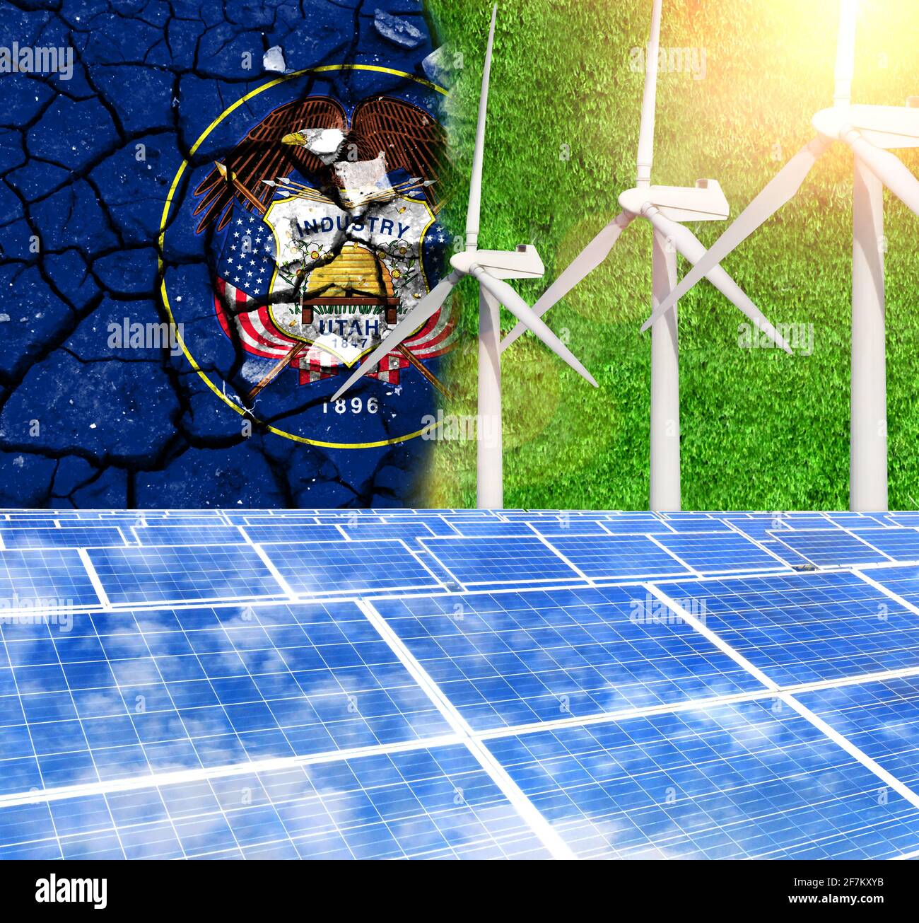 Solar panels on the background with the flag State of Utah and Wind ...