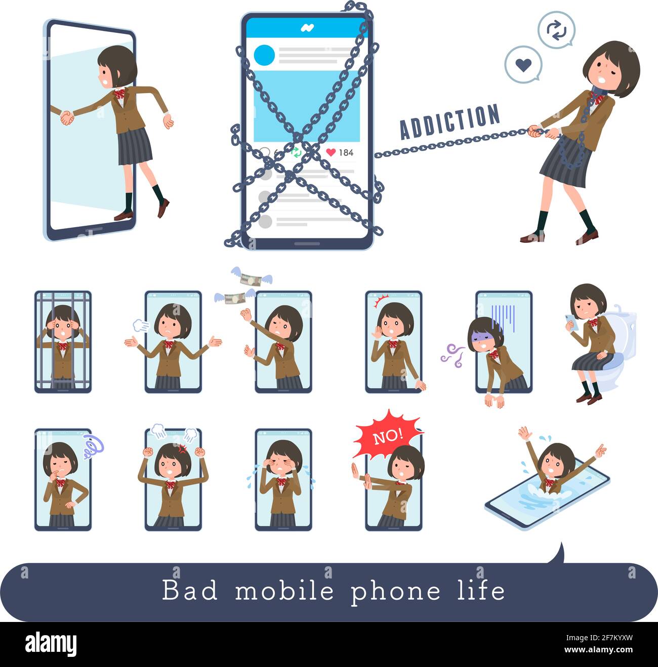 A set of schoolgirl struggling with Mobile and SNS.It's vector art so easy to edit. Stock Vector