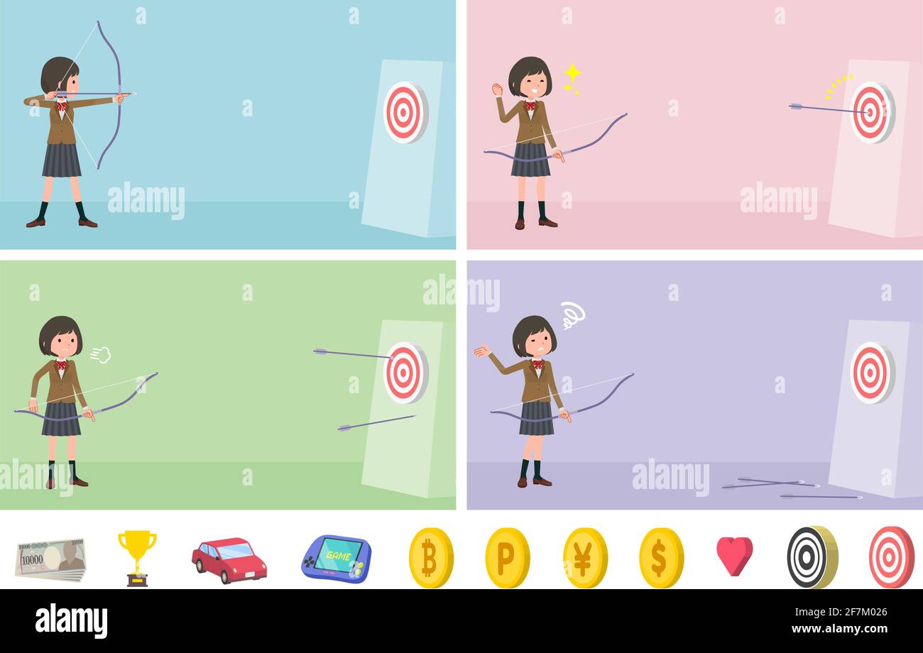 A set of schoolgirl aiming with a bow and arrow.It's vector art so easy to edit. Stock Vector