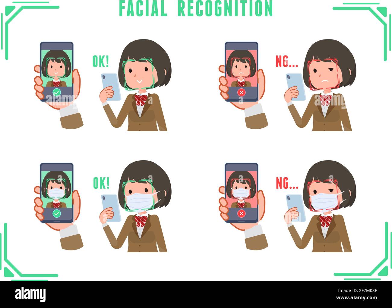 A set of schoolgirl doing facial recognition on their phones.It's vector art so easy to edit. Stock Vector