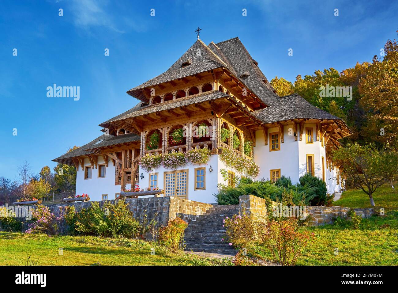 Wooden church, Barsana Monastery, Maramures, Romania, UNESCO Stock Photo