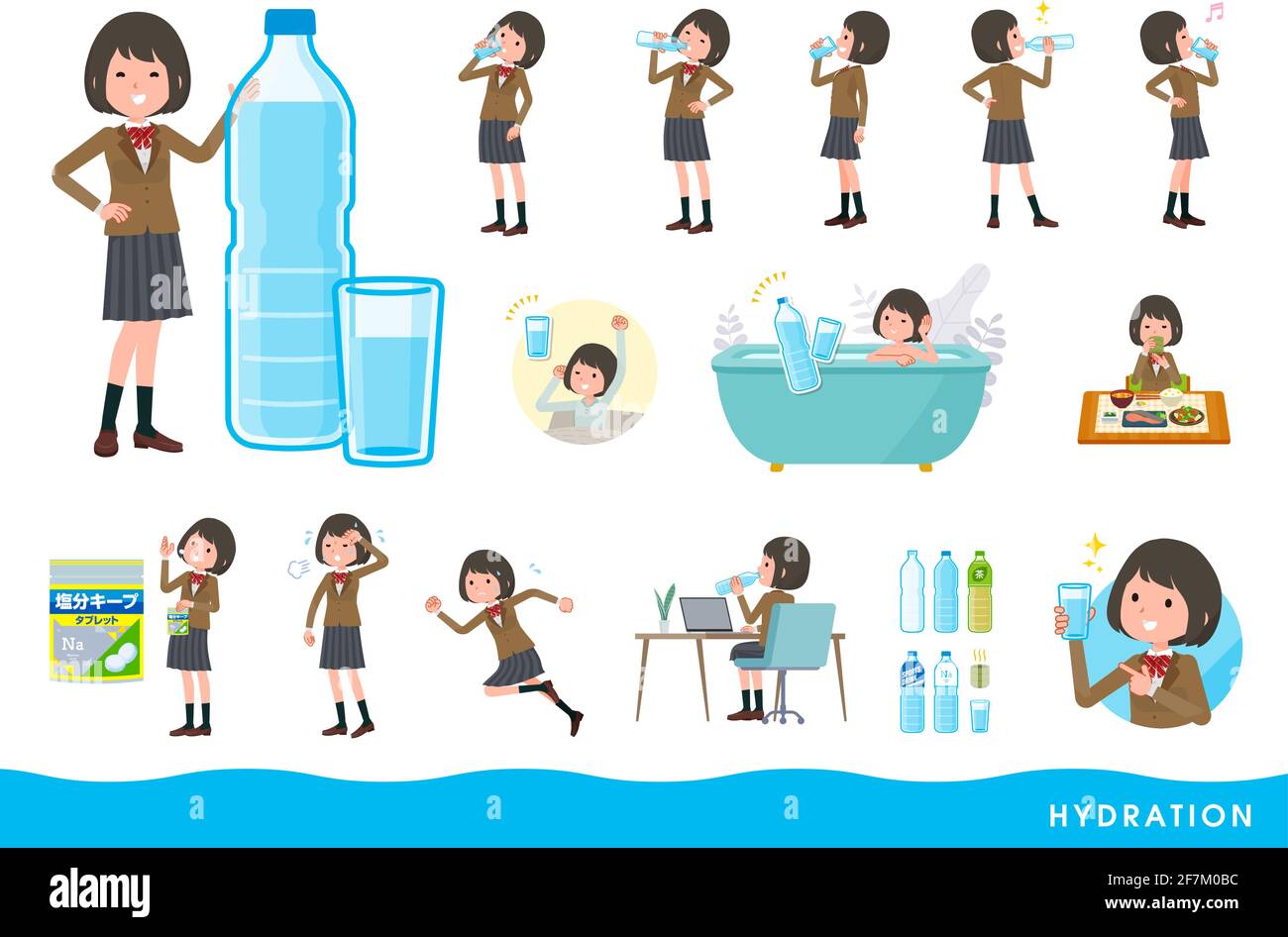 A set of schoolgirl drinking water.It's vector art so easy to edit. Stock Vector