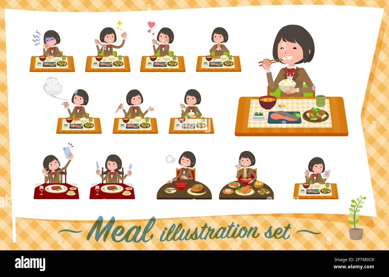 A set of schoolgirl about meals.It's vector art so easy to edit. Stock Vector