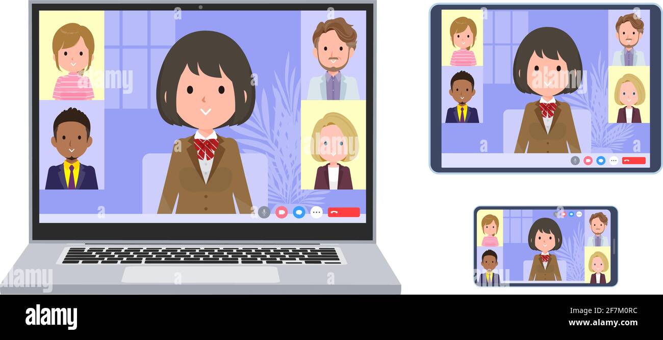 A set of schoolgirl having an online meeting. A set of laptop, tablet and smartphone.It's vector art so easy to edit. Stock Vector