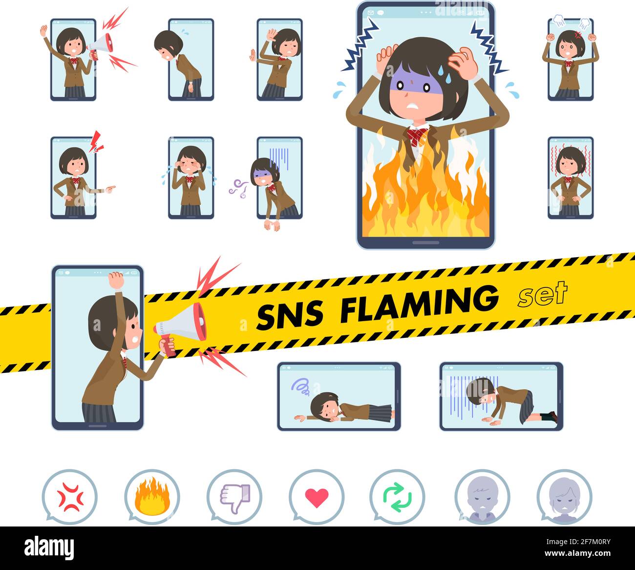 A set of schoolgirl on social media flaming.It's vector art so easy to edit. Stock Vector