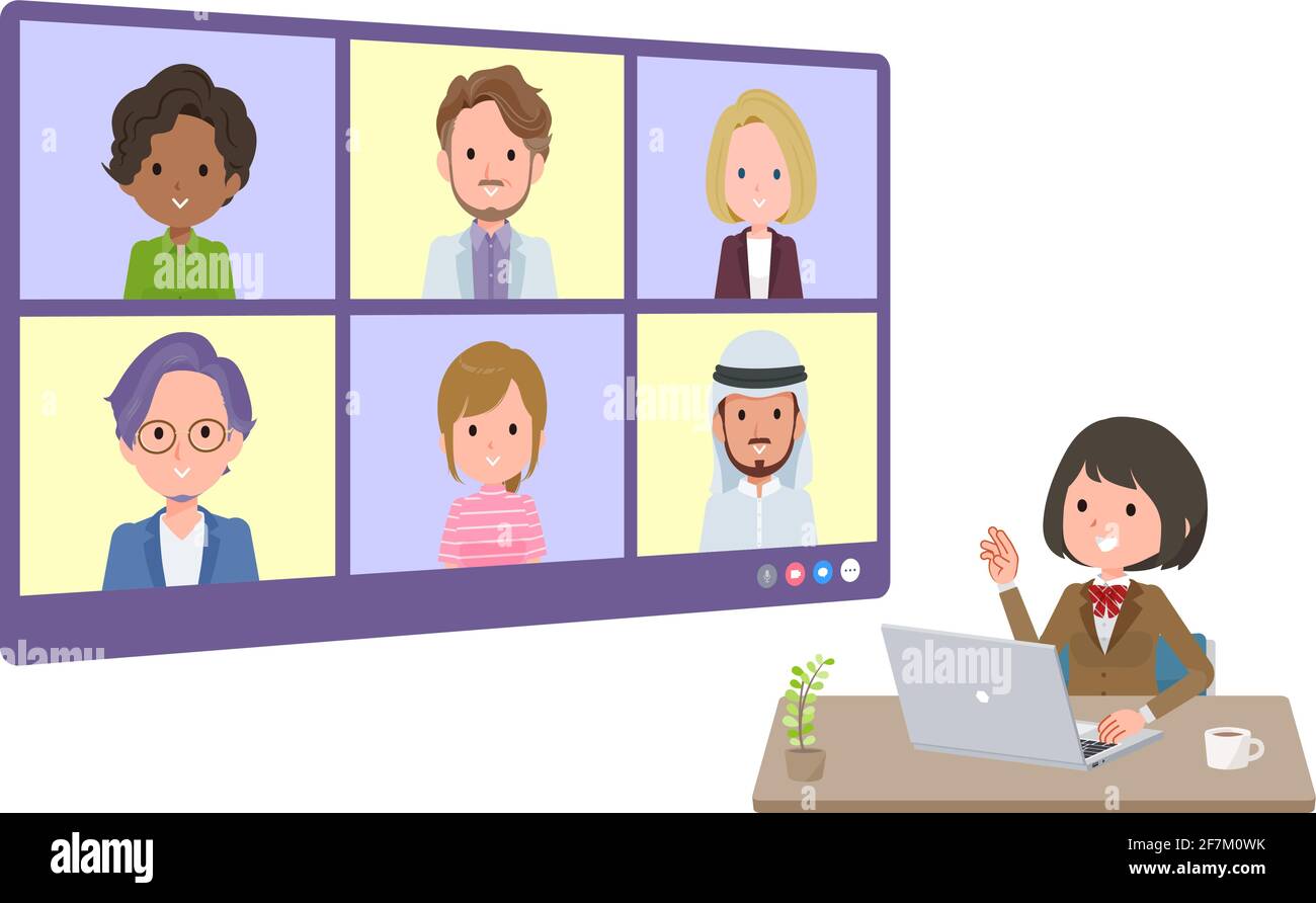 A set of schoolgirl having an online meeting with multiple people. perspective angle.It's vector art so easy to edit. Stock Vector