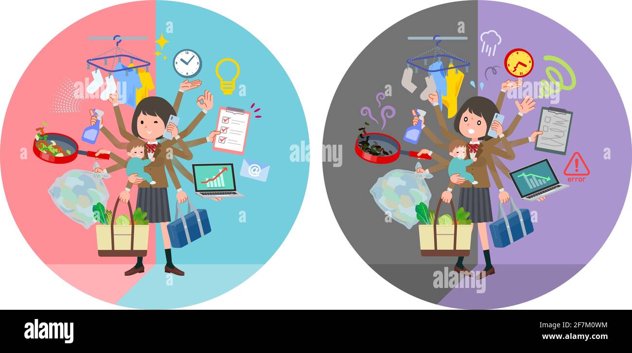 A set of schoolgirl who perform multitasking in offices and private.It's vector art so easy to edit. Stock Vector