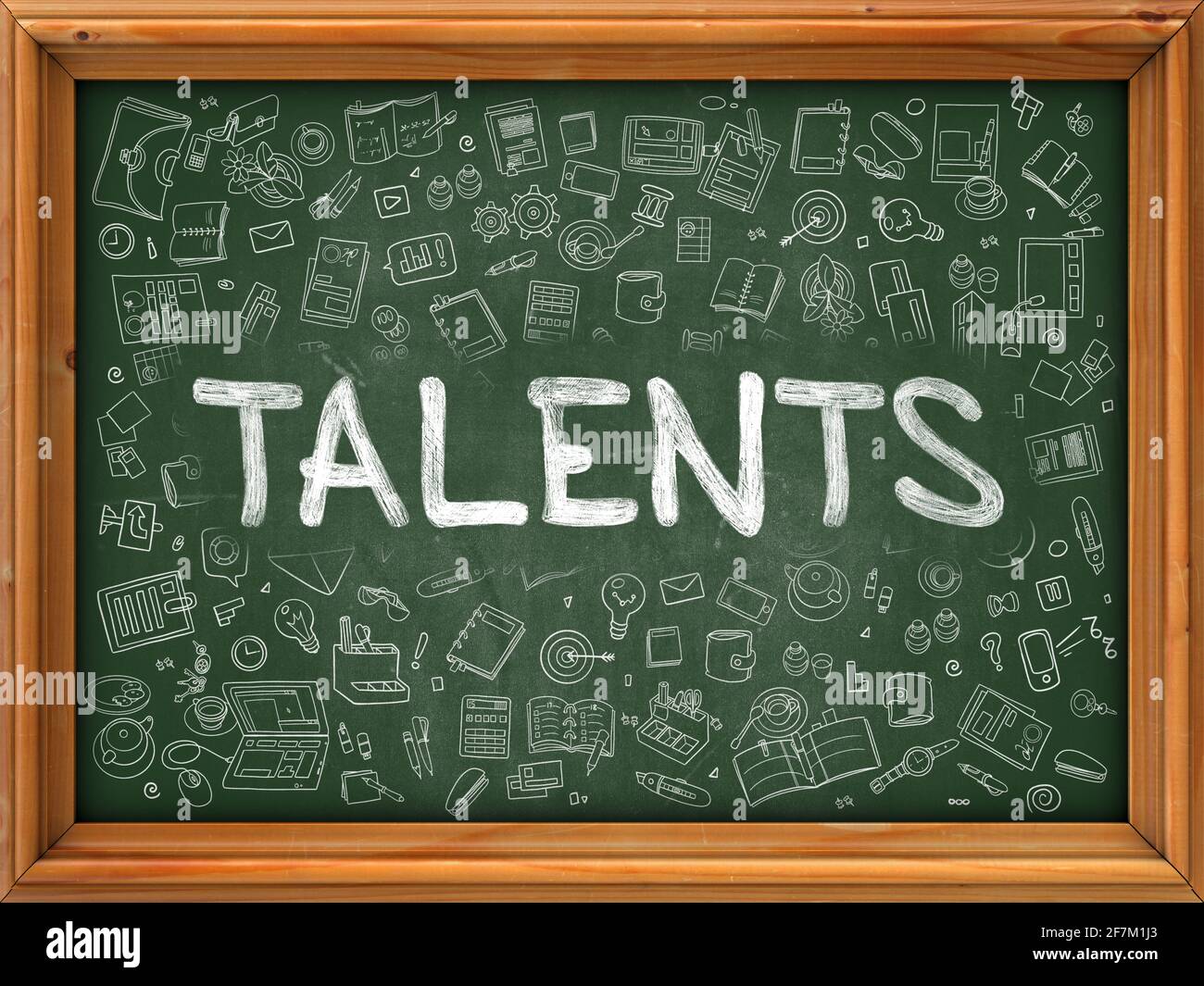 Hand Drawn Talents on Green Chalkboard. Hand Drawn Doodle Icons Around