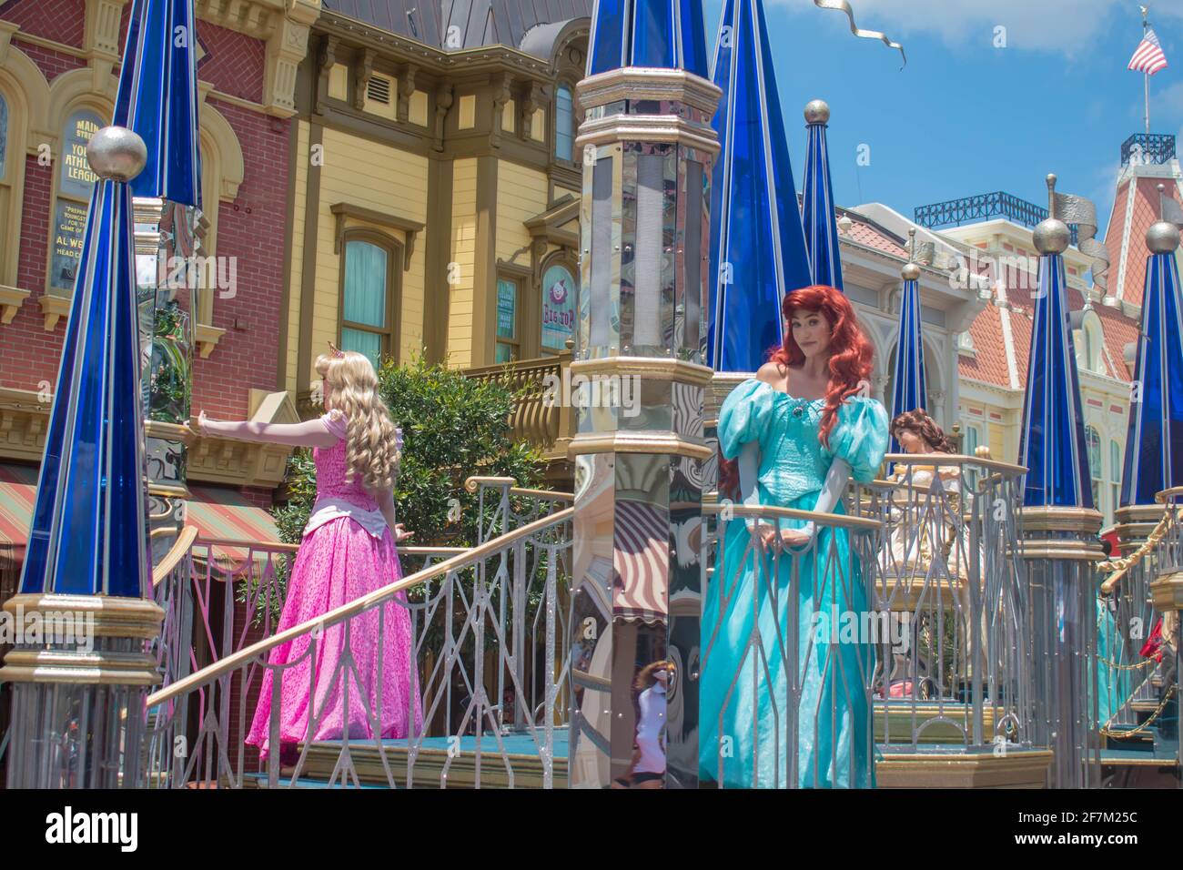 Orlando, Florida. August 04, 2020. Ariel and Aurora on beautiful parade float at Magic Kingdom (1) Stock Photo