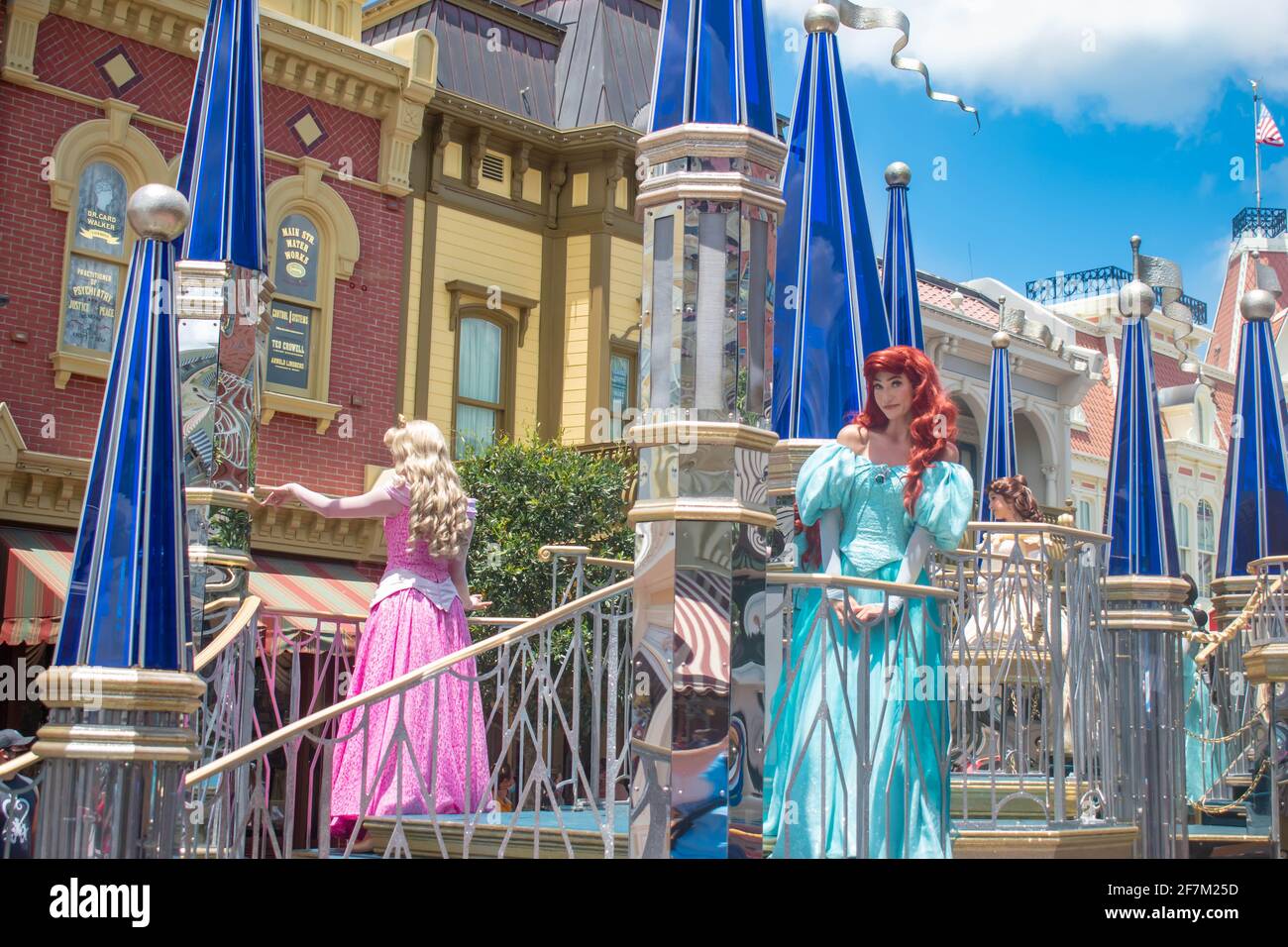 Orlando, Florida. August 04, 2020. Ariel and Aurora on beautiful parade float at Magic Kingdom (3) Stock Photo