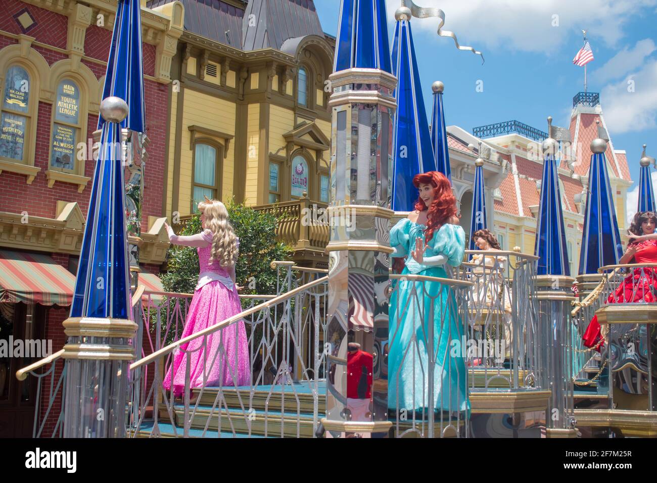Orlando, Florida. August 04, 2020. Ariel and Aurora on beautiful parade float at Magic Kingdom (4) Stock Photo