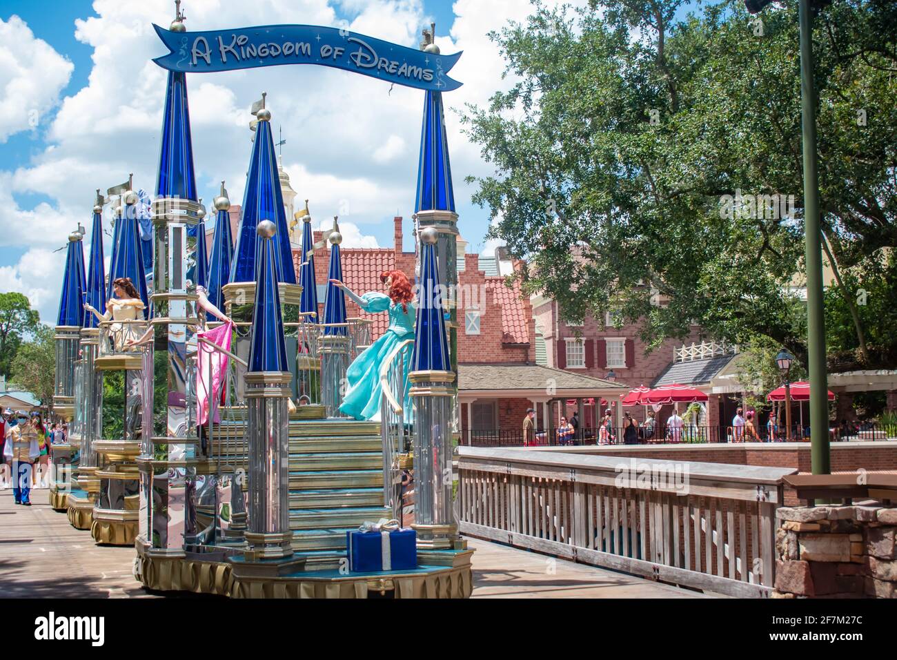 Orlando, Florida. August 04, 2020. Ariel and Aurora on beautiful parade float at Magic Kingdom (470) Stock Photo