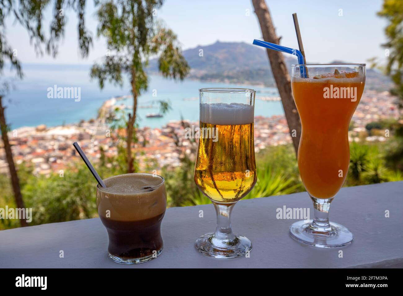 Fresh drinks with view to the sea in Zakinthos - Greece Stock Photo