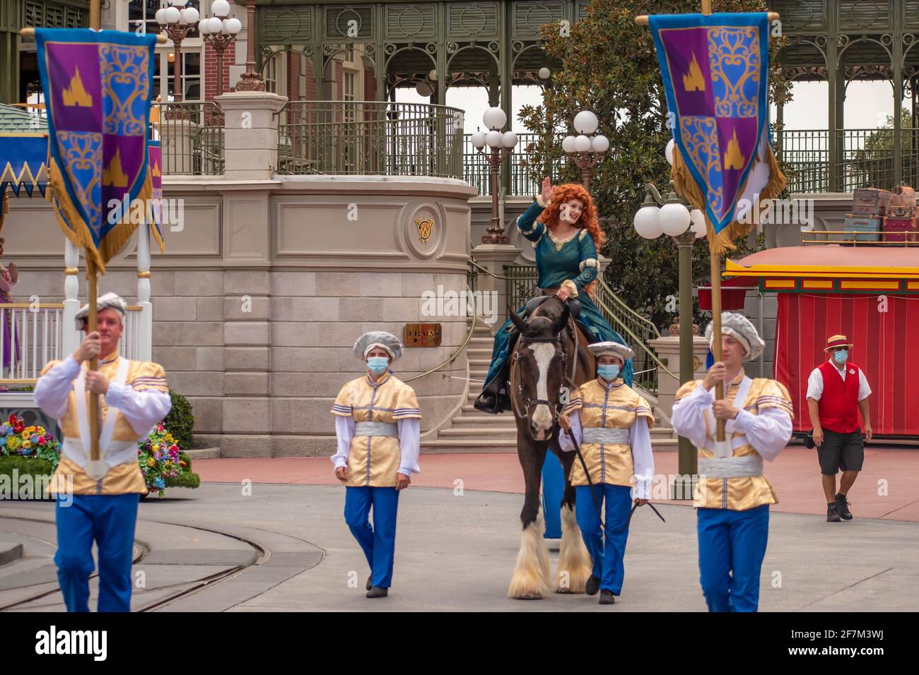 Merida Parade Float Orlando, Florida. August 04, 2020. Merida riding her horse on beautiful ...