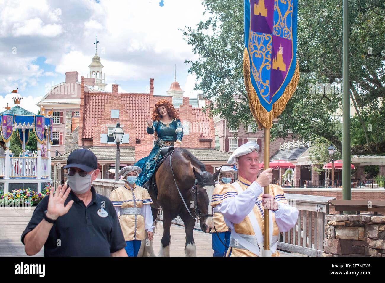 Orlando, Florida. August 04, 2020. Merida riding horse on beautiful parade float at Magic Kingdom (2) Stock Photo