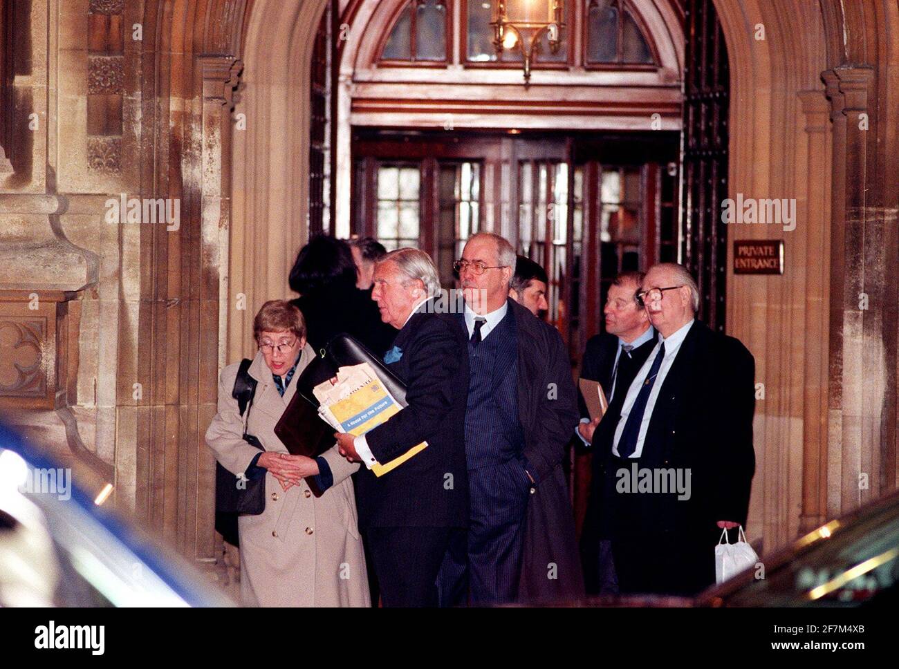 Lords January 2000 Lords leaving the House of Lords after the Governments Criminal Justice Mode Of Trial Bill was defeated - leaving through private entrance Stock Photo