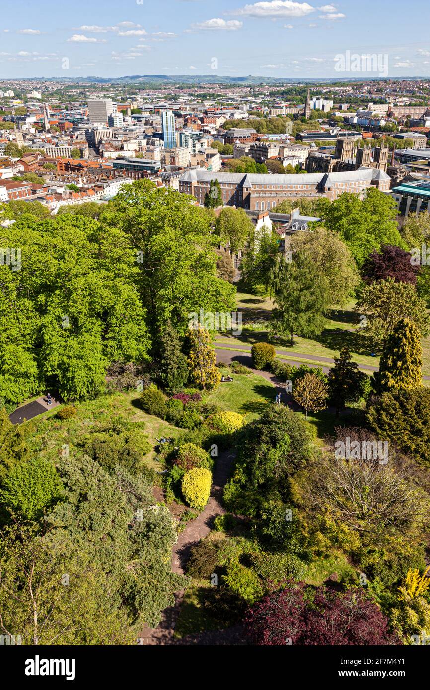 Brandon Hill Park and Central Bristol UK - viewed from Cabot Tower in Brandon Hill Park, Bristol UK Stock Photo