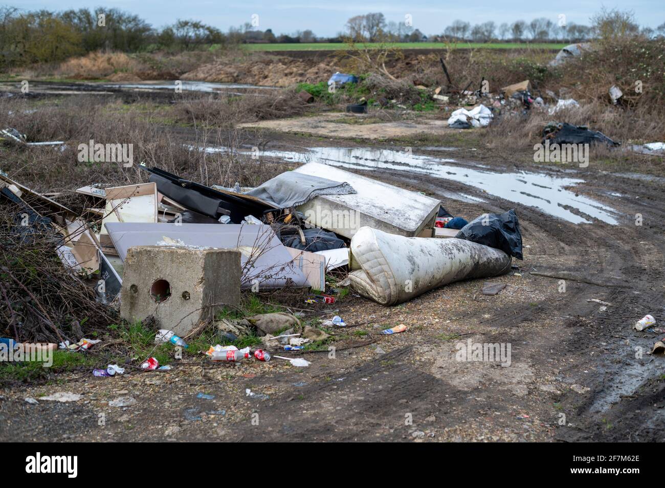 Fly tipped rubbish dumped in the Cambridgeshire Countryside UK Stock Photo