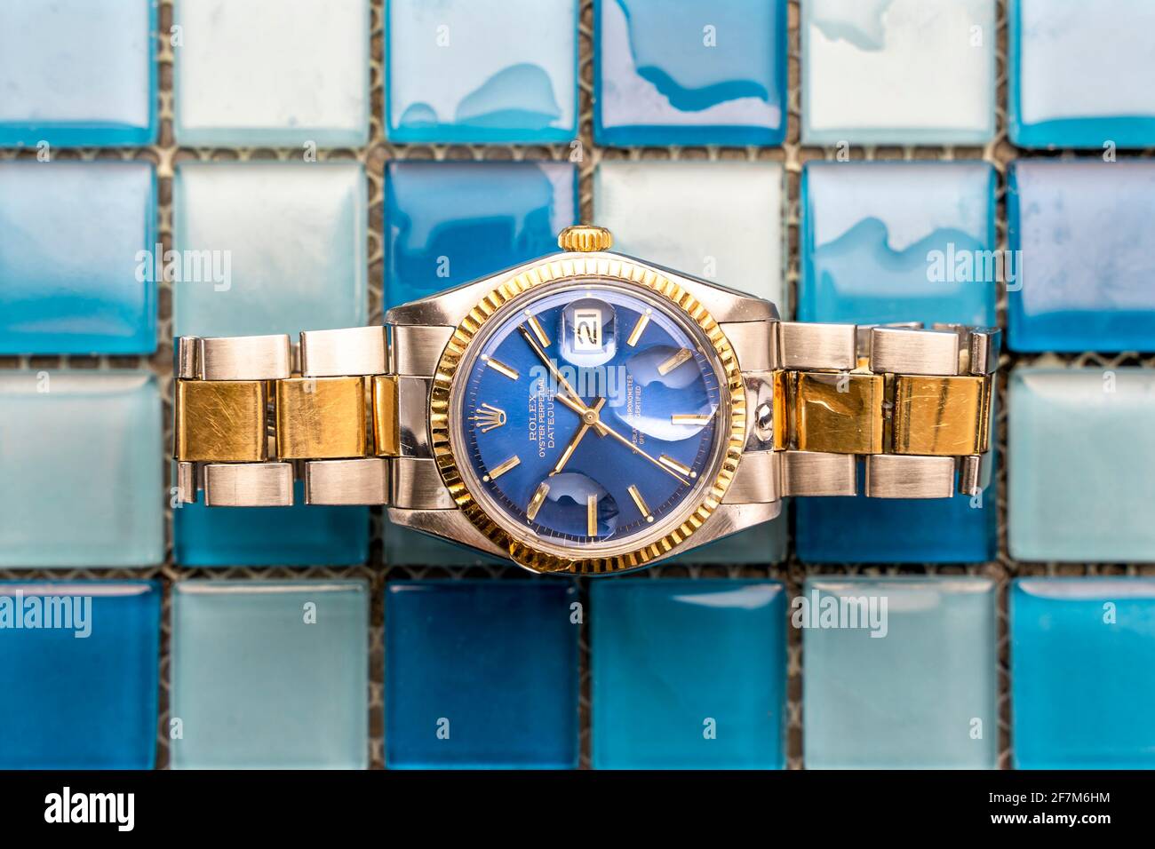 CREMONA, ITALY - JANUARY, 2021: Rolex Oyster Blue watch on tiles  background. Rolex SA is an important Swiss luxury company in the production  of wrist Stock Photo - Alamy