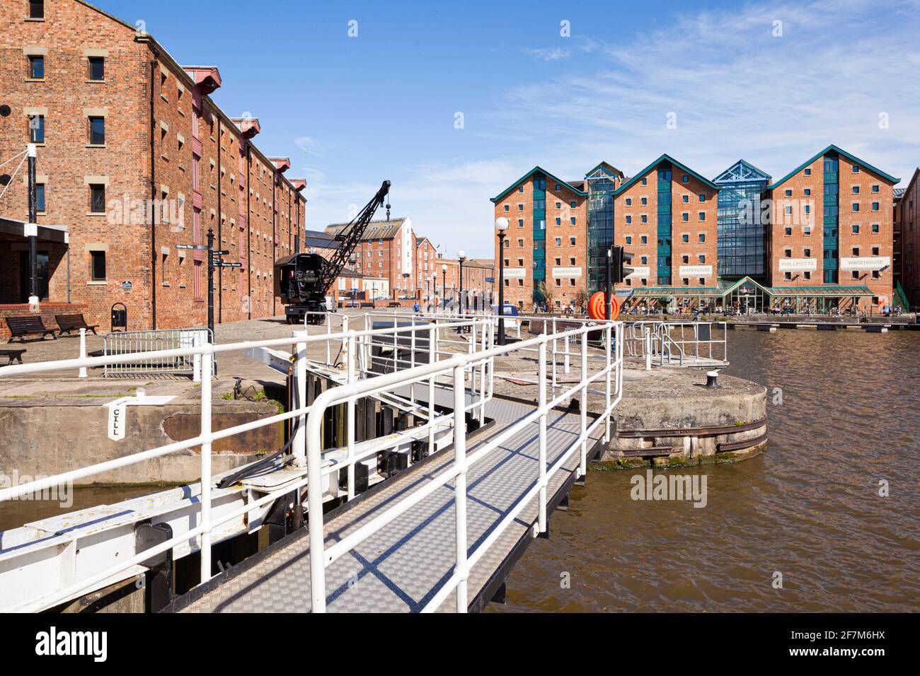 Gloucester Docks from the lock gates into the River Severn, Gloucester UK Stock Photo