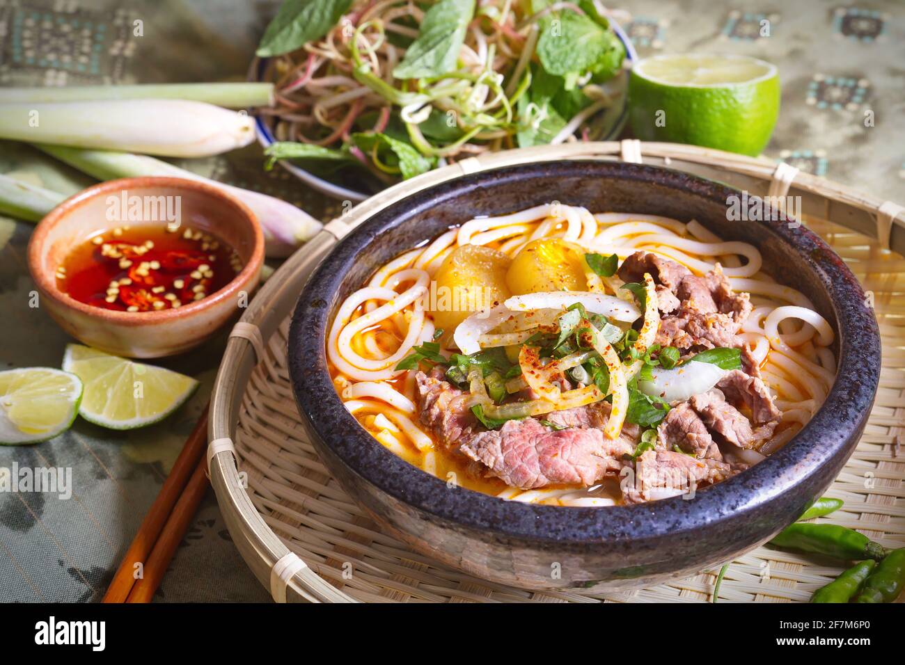 Bun Bo - Beef rice vermicelli: Vietnamese soup containing rice vermicelli and beef Stock Photo
