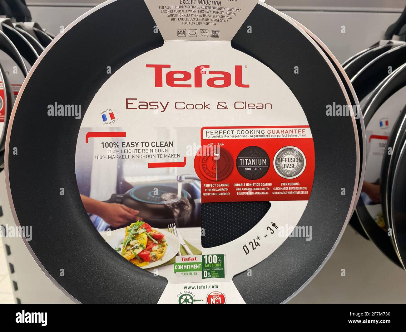 Viersen, Germany March 1. 2021 Closeup of frying pan with tefal logo