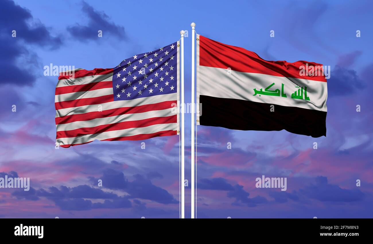 Double Flag Iraq and United States of America flag waving flag with texture background - 3D illustration - 3D render Stock Photo