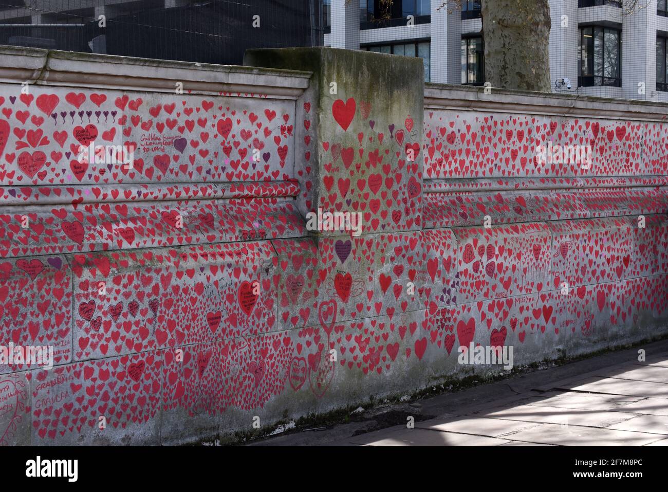 London, April 2021: The National Covid Memorial Wall outside St Thomas' Hospital on the Albert Embankment path by the River Thames in London Stock Photo
