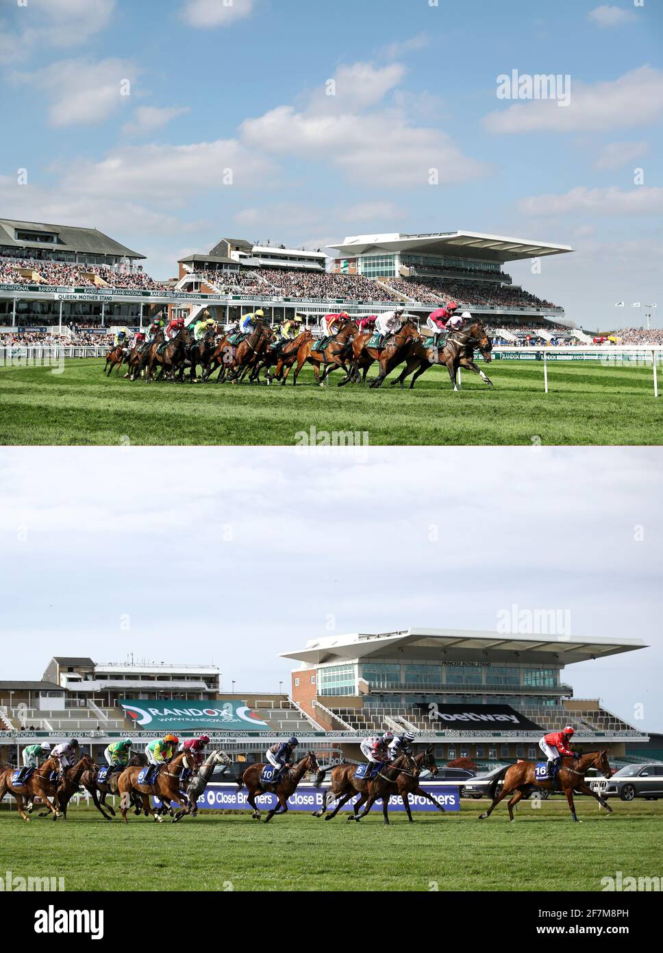 Composite photo dated 14-04-2018 (top) of runners and riders during the Gaskells Handicap Hurdle during Grand National Day of the 2018 Randox Health Grand National Festival at Aintree Racecourse, Liverpool, dates 14 April, 20218. And dated 08-04-2021(bottom) of runners and riders in front of the empty concourse in the Close Brothers Red Rum Handicap Chase during the Liverpool NHS Day of the 2021 Randox Health Grand National Festival at Aintree Racecourse, Liverpool. Picture date: Thursday April 8, 2021. Stock Photo