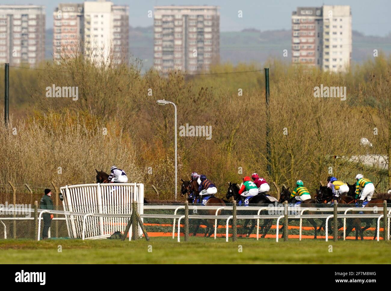 A general view as runners and riders compete in the Close Brothers Red Rum Handicap Chase during Liverpool NHS Day of the 2021 Randox Health Grand National Festival at Aintree Racecourse, Liverpool. Picture date: Thursday April 8, 2021. Stock Photo