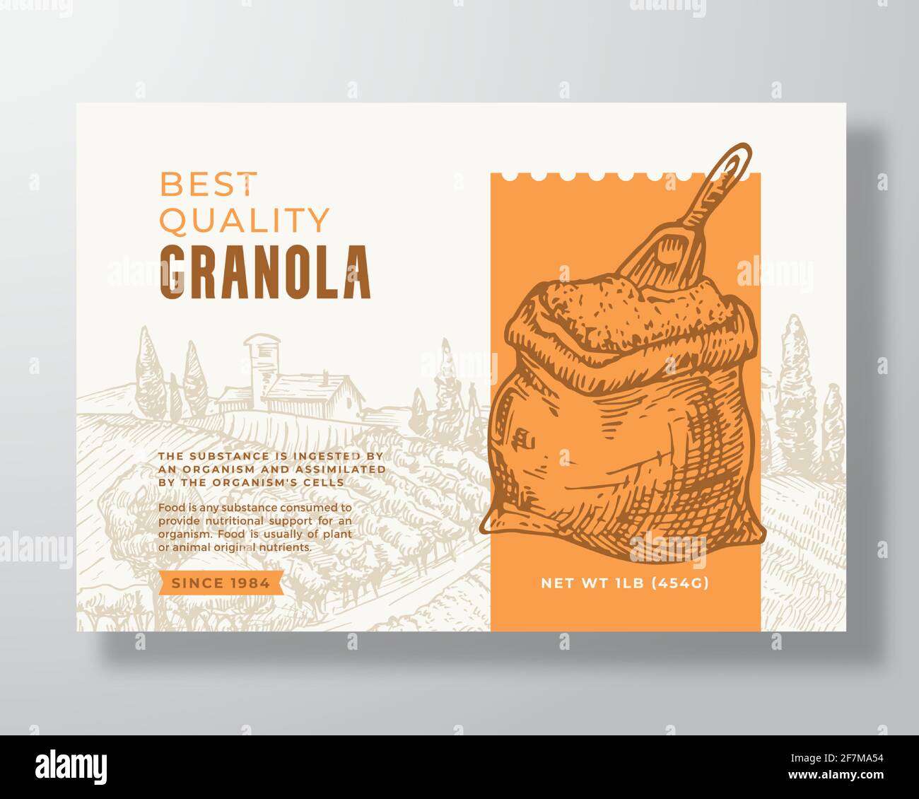 Granola Cereal Label Template. Oatmeal Abstract Vector Packaging Design  Layout. Modern Typography Banner with Hand Drawn Grain Sack with Scoop and  Stock Vector Image & Art - Alamy