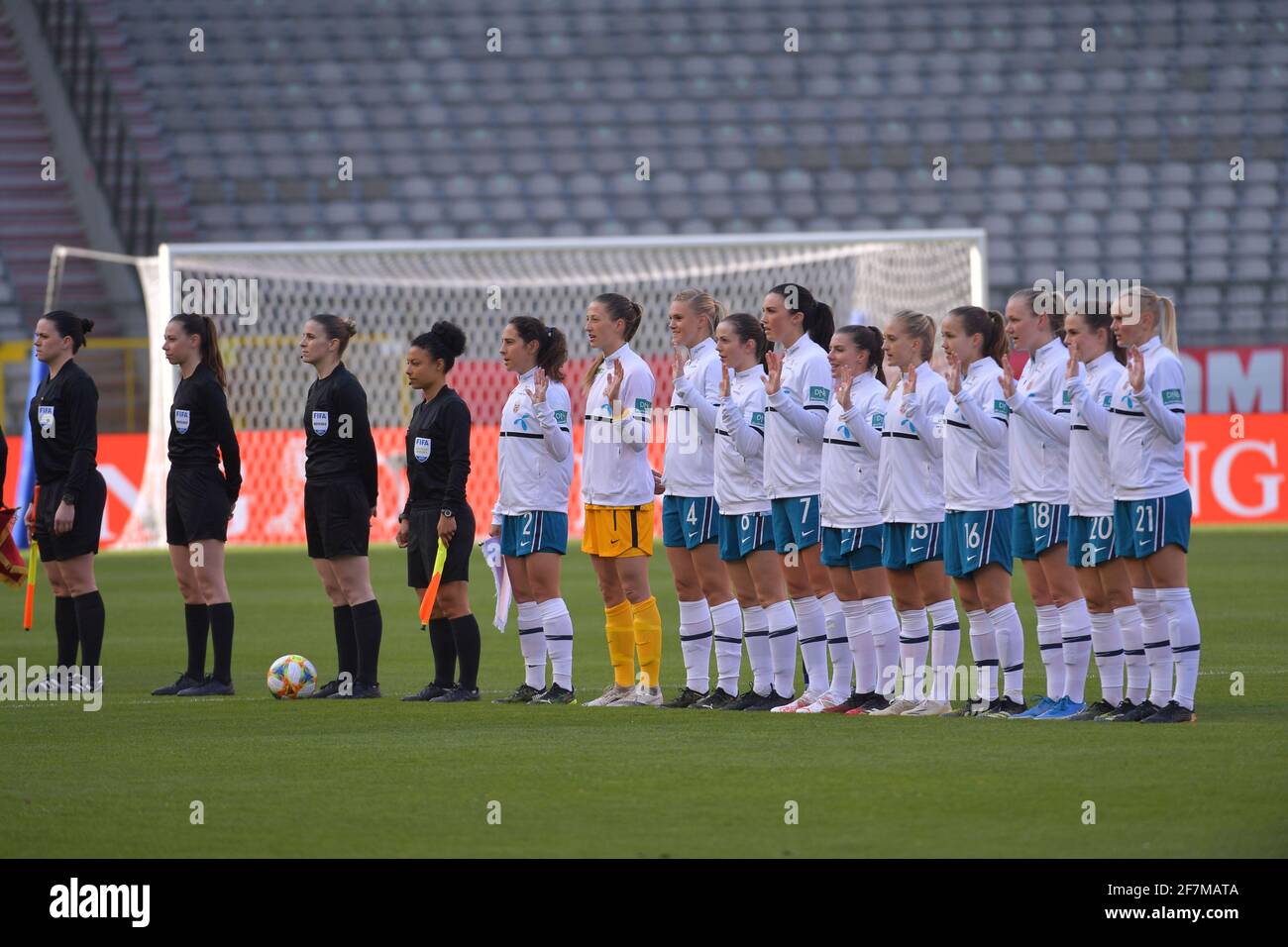 national team of Norway with Ingrid Moe Wold (2) of Norway goalkeeper Cecilie Fiskerstrand (1) of Norway Kristine Leine (4) of Norway Tuva Hansen (6) of Norway Ingrid Systrad Engen (7) of Norway Cecilie Kvamme (14) of Norway Amalie Eikeland (15) of Norway Guro Reiten (16) of Norway Frida Maanum (18) of Norway Emilie Haavi (20) of Norway Karine Saevik (21) of Norway pictured during a Womens International Friendly game between Belgium, called the Red Flames and Norway at Koning Boudewijnstadion in Brussels, Belgium. Photo Sportpix.be/SPP Credit: SPP Sport Press Photo. /Alamy Live News Stock Photo