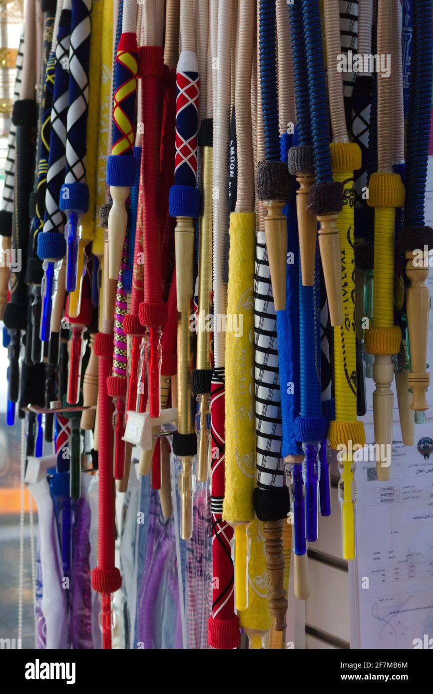 Kuwait City, Kuwait - April 8, 2021: Colourful decorative inhalation hoses for water pipes Stock Photo