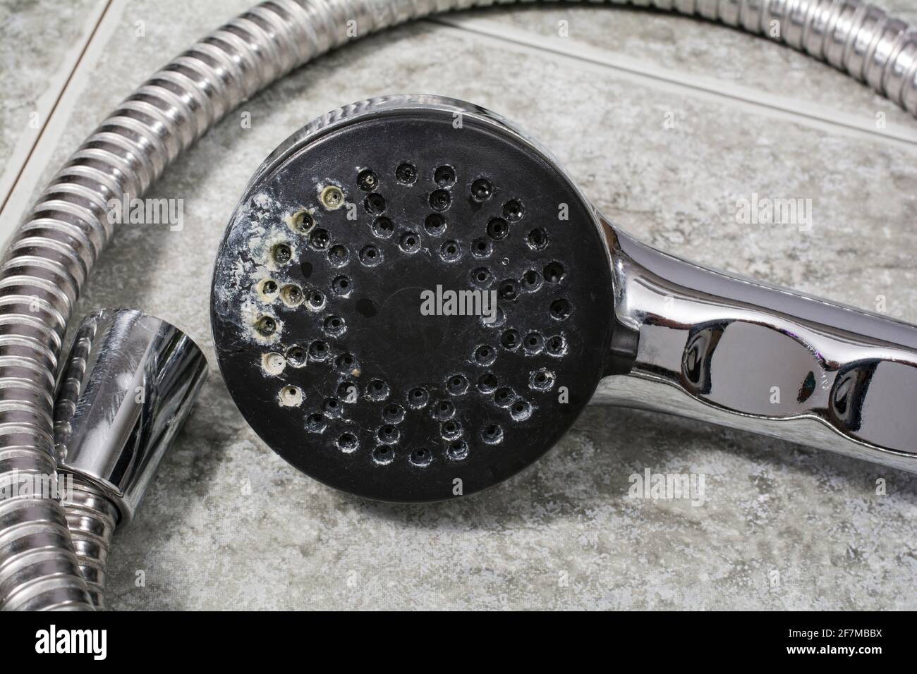 Simple shower head  with limescale Stock Photo