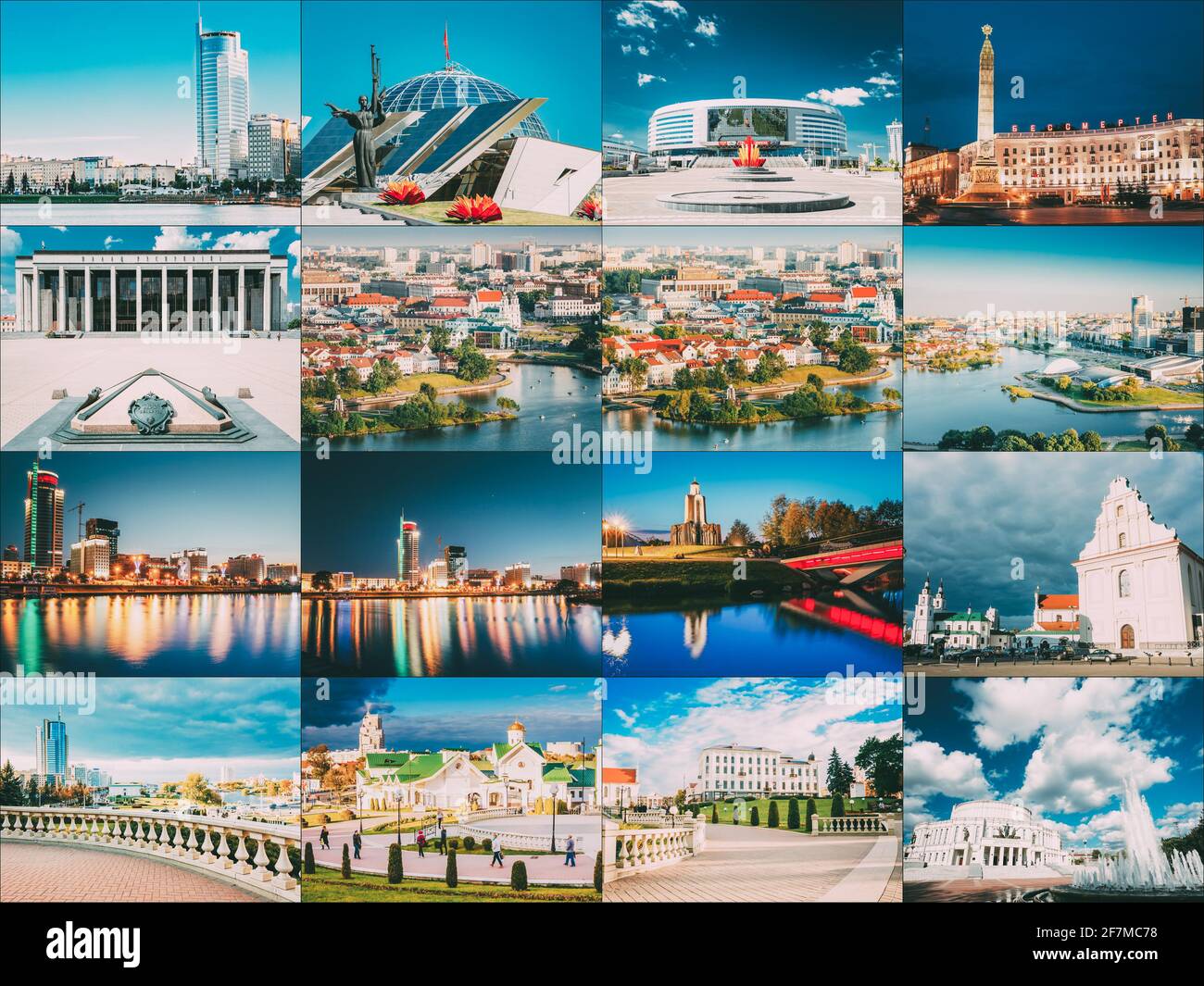 Minsk, Belarus. Set Collage With Many Local Famous Landmarks In