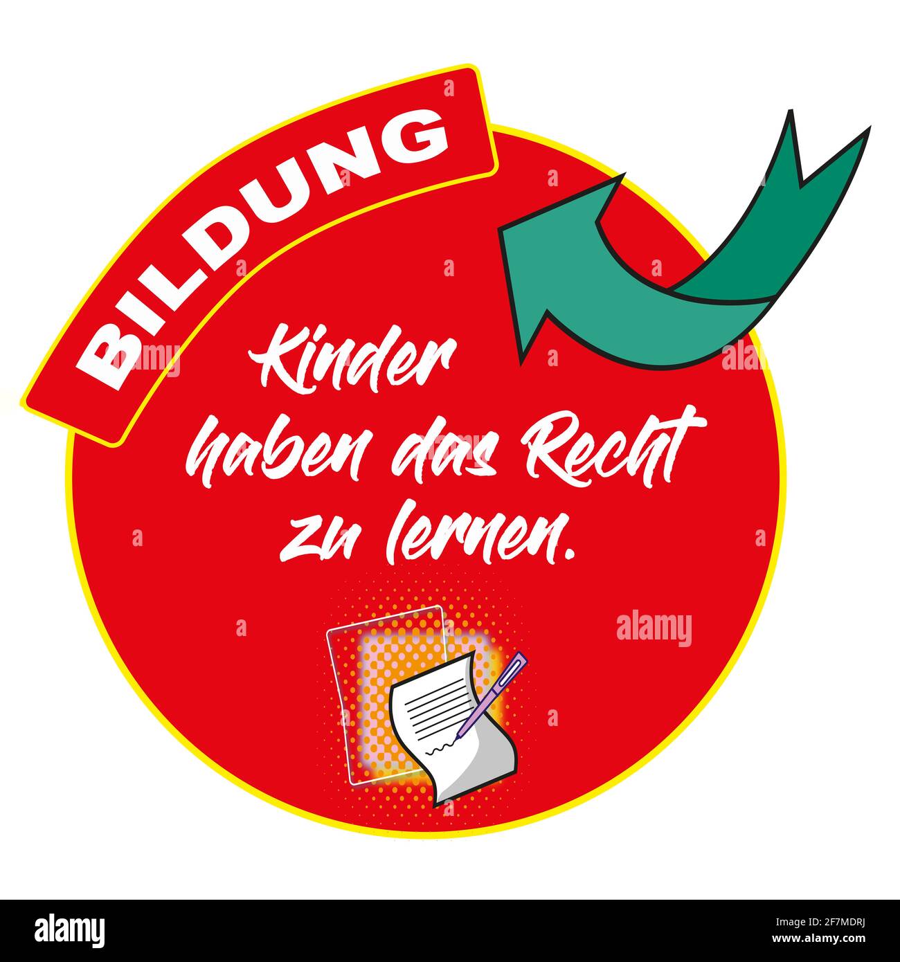 Red label with lettering: Bildung, Kinder haben das Recht zu lernen. Education, Children have the right to learn. Isolated on white background Stock Photo